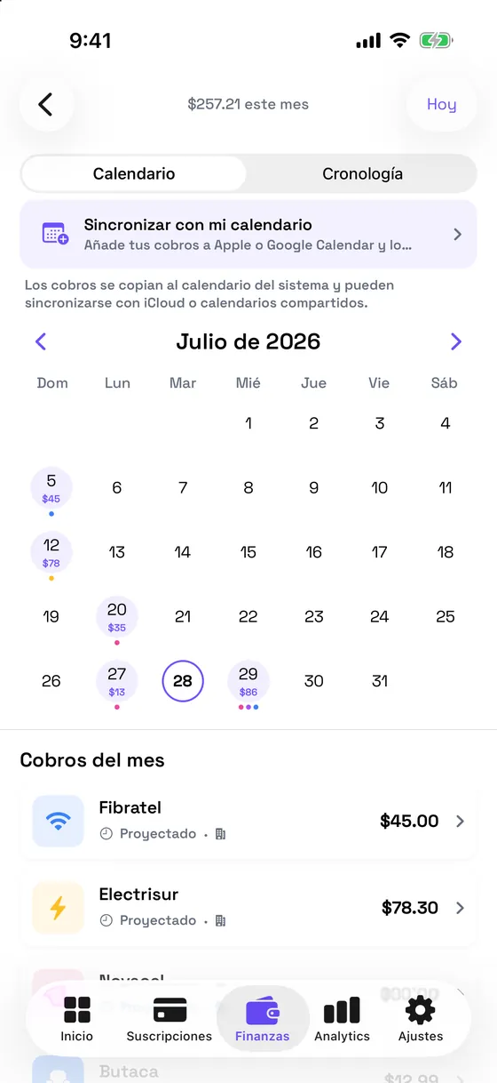 Calendario mensual con los días de cobro marcados