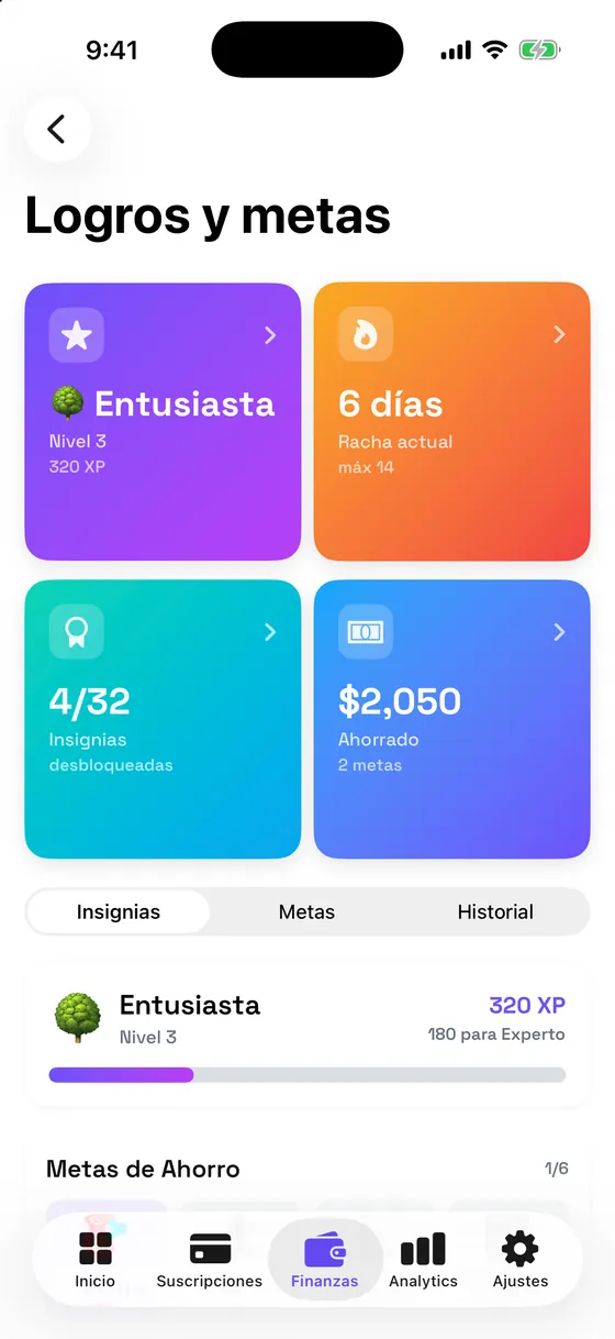 Metas de ahorro con progreso y niveles