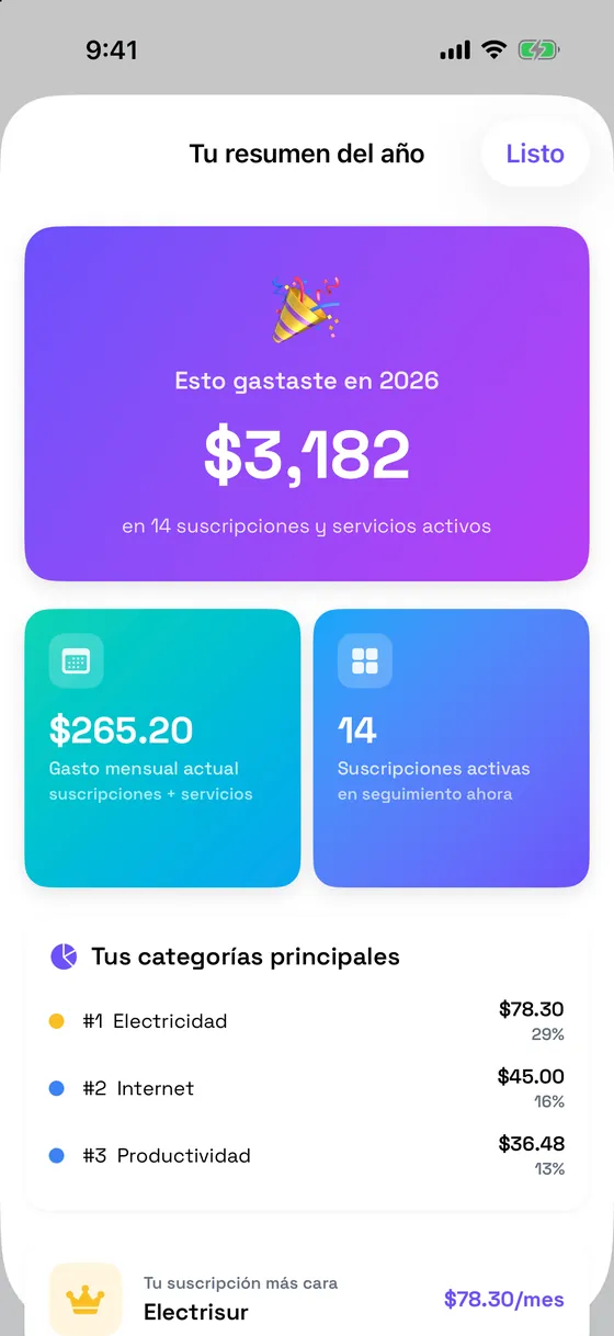 Resumen anual de suscripciones estilo recap